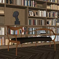 Wooden Accent Chair With Leather Cushion Near Bookcase Books Sculpture Head And Table Lamp