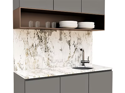 Modern Kitchen Cabinets With Marble Countertop Sink Faucet And Plates On Shelf 3d model