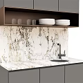 Modern Kitchen Cabinets With Marble Countertop Sink Faucet And Plates On Shelf