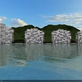 Modern Office Buildings Architecture by Waterfront with Green Hills and Blue Sky