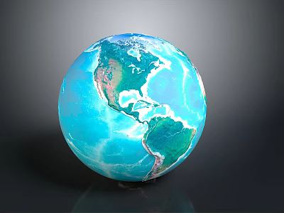 Blue Globe With Continents And Oceans On Smooth Surface And Gray Background 3d model