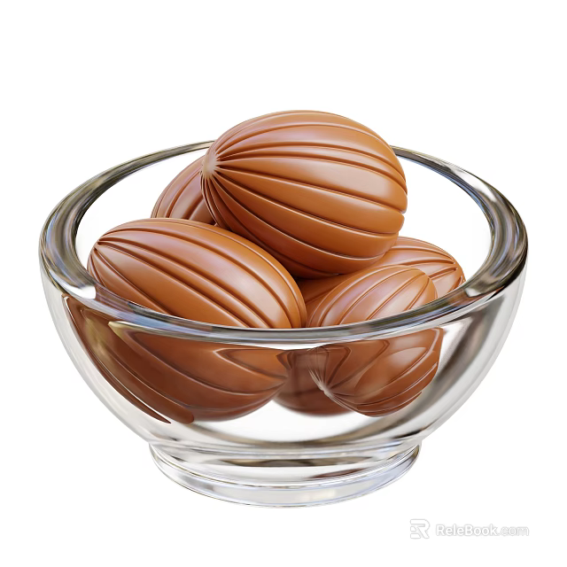 Transparent Glass Bowl Filled Generously With Round Shiny Striped Chocolate Balls 3d model 