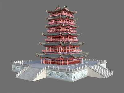 Ancient Chinese Multi tiered Tower With Red Eaves White Base And Stone Stairs 3d model