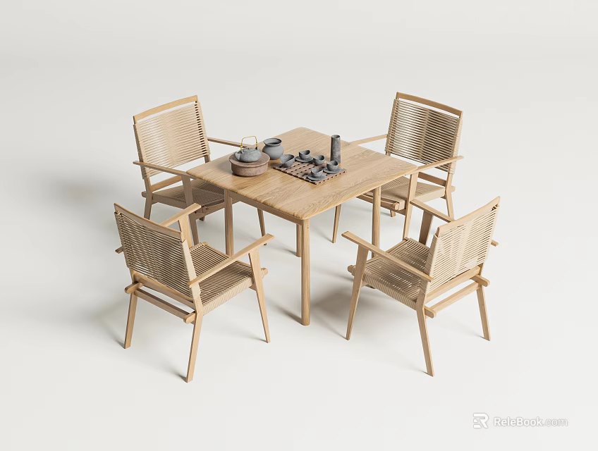 Simple Wooden Tea Table And Rattan Chairs With Tea Set On Top 3d model