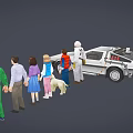 Classic Film Characters Standing with DeLorean Time Machine Car and Dog
