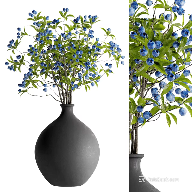 Black Ceramic Vase With Blue Blooming Flowers And Green Leaves For Home Decor 3d model 