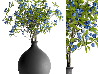 Black Ceramic Vase With Blue Blooming Flowers And Green Leaves For Home Decor 3d model