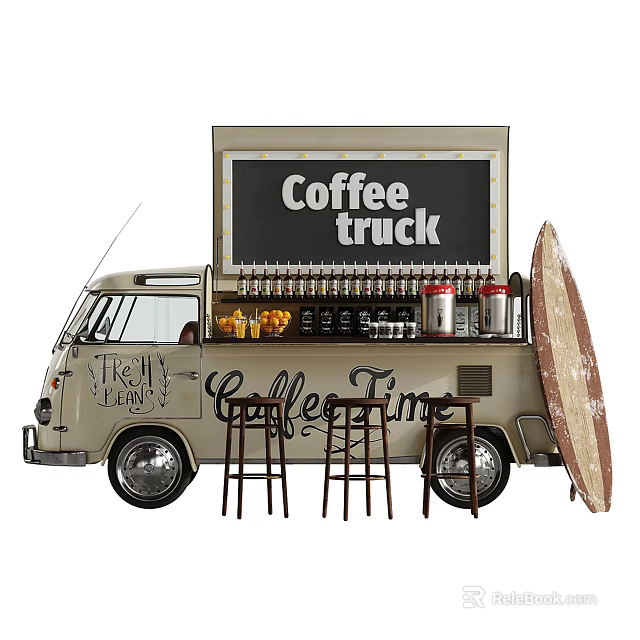 Vintage Coffee Truck With Bar Stools Surfboard Decor And Beverage 3d model 