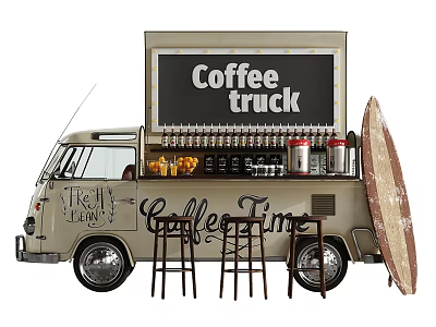 Vintage Coffee Truck With Bar Stools Surfboard Decor And Beverage 3d model