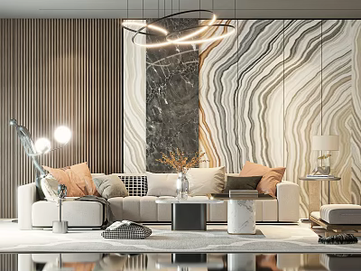 Modern Beige Sofa and Coffee Table Set With Accent Pillows Marble Wall And Pendant Lights 3d model
