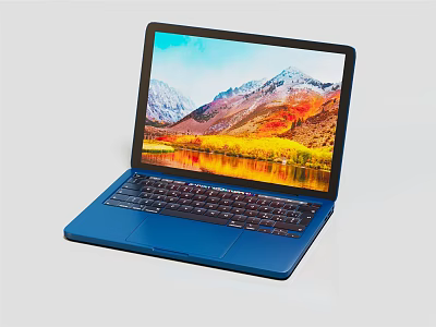 Blue Modern Laptop With Sleek Design Screen Displaying Scenic Mountains Lake And Trees 3d model