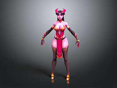 Game Movie Character With Horned Head Pink Red Outfit Ornamental Design Standing Pose 3d model