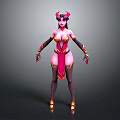 Game Movie Character With Horned Head Pink Red Outfit Ornamental Design Standing Pose