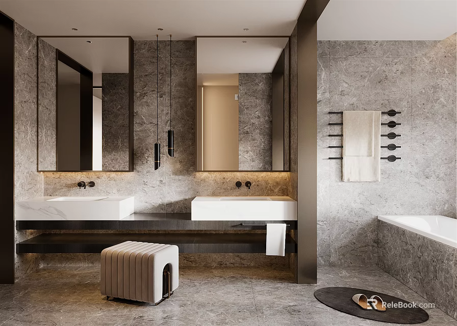 Modern Bathroom Interior With Double Sinks Large Mirrors Marble Walls Bathtub Towel Rack And Stool 3d model 