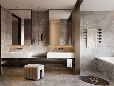 Modern Bathroom Interior With Double Sinks Large Mirrors Marble Walls Bathtub Towel Rack And Stool 3d model