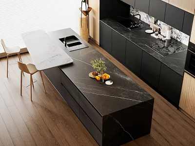 Modern Kitchen Interior With Black Marble Island Counter Dark Cabinets And Appliances 3d model