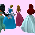Group of Four Disney Princesses with One Waving in Different Colored Dresses on Pink Background