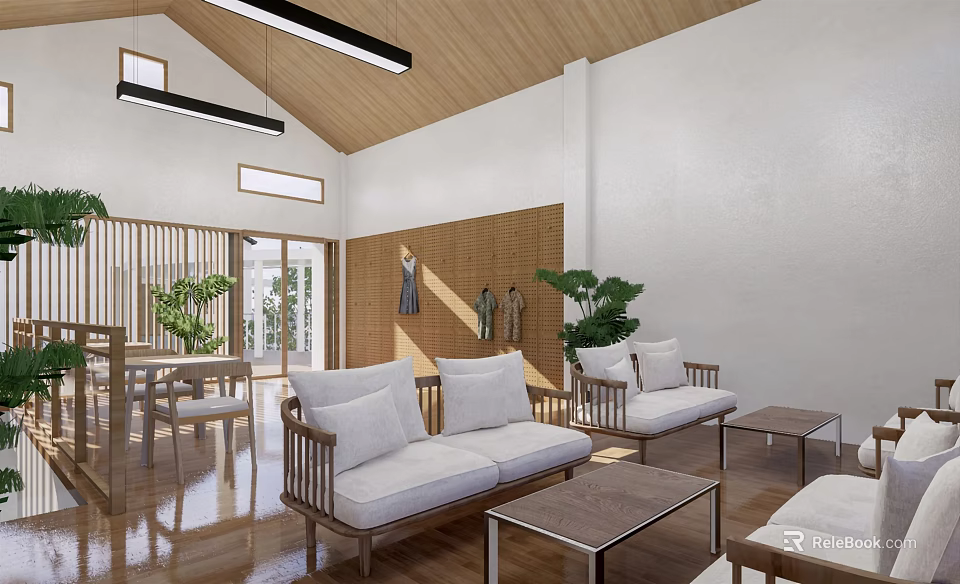 Cozy Leisure Area With Wooden Ceiling White Walls Sofa Coffee Table And Green Plants 3d model 