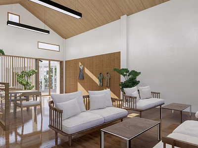 Cozy Leisure Area With Wooden Ceiling White Walls Sofa Coffee Table And Green Plants 3d model