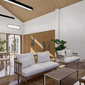 Cozy Leisure Area With Wooden Ceiling White Walls Sofa Coffee Table And Green Plants