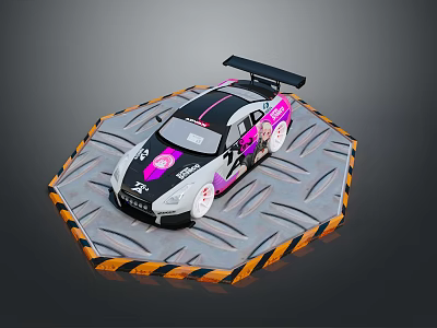 Black And White Race Car With Pink Accents On Metallic Platform With Stripes 3d model