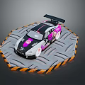 Black And White Race Car With Pink Accents On Metallic Platform With Stripes