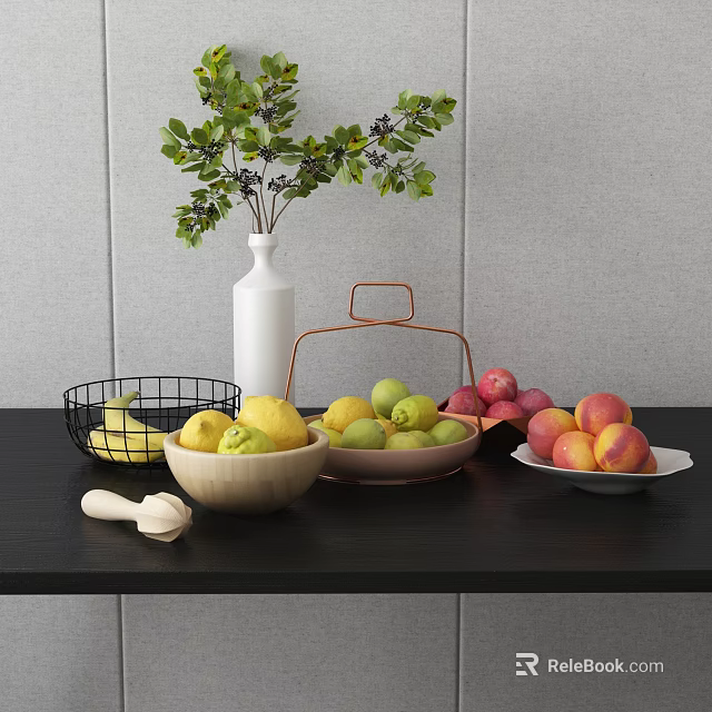 Fresh Assorted Fruits in Baskets Bowls and Plate on Black Table with Green Leaves 3d model 