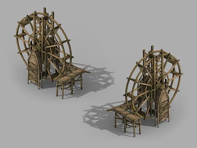 Rustic Wooden Waterwheel Garden Decorative Pieces With Small Stool For Outdoor Use 3d model