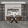 Modern Restaurant Interior With Dining Table Chairs Wine Cabinets And Pendant Lights 3d model