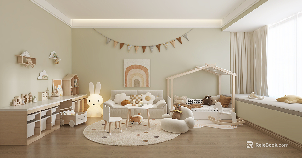 Modern Kids' Room Interior Design With Play Tent Stuffed Toys And Round Rug 3d model 