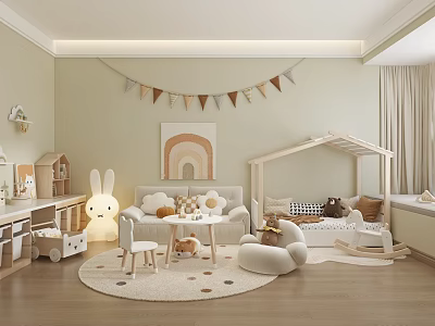 Modern Kids' Room Interior Design With Play Tent Stuffed Toys And Round Rug 3d model