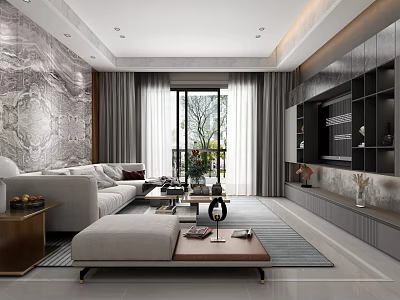 Modern Living Room Interior With Marble Wall Floor To Ceiling Windows Sofa And Coffee Table 3d model