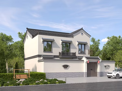 Chinese Traditional Detached Villa with White Walls Black Roof and Lush Garden Front Yard 3d model