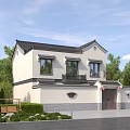 Chinese Traditional Detached Villa with White Walls Black Roof and Lush Garden Front Yard