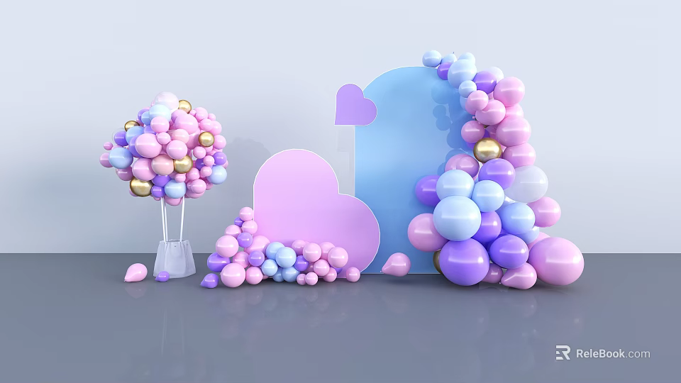 Colorful Balloon Photo Spot With Pink Purple Blue Balloons And Heart Shaped Decorations 3d model 