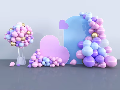 Colorful Balloon Photo Spot With Pink Purple Blue Balloons And Heart Shaped Decorations 3d model