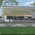 Modern Commercial Complex With Vertical Stripe Facade Parking Lot Cars Trees And Green Lawn