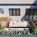 Terrace Garden With Wooden Wall Dining Table Plants Bench Sky And Clouds