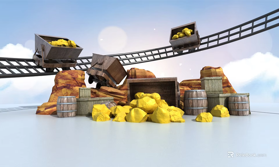 Gold Mining Scene With Mine Carts Rail Tracks Gold Nuggets And Barrels 3d model 