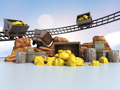 Gold Mining Scene With Mine Carts Rail Tracks Gold Nuggets And Barrels 3d model