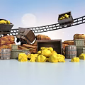 Gold Mining Scene With Mine Carts Rail Tracks Gold Nuggets And Barrels