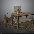 Rustic Outdoor Setup With Wooden Table Chair Lit Lantern Axe And Tree Stump
