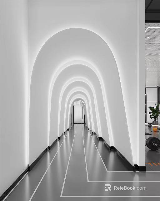 Modern White Elevator Corridor Interior With Arched Design And Soft Lighting 3d model