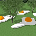 Egg Shaped Outdoor Chair on Green Grass Lawn with Trees and People Relaxing