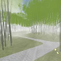 Woman in Traditional Dress Walking Through Serene Bamboo Forest With Path Green Plants And Rocks