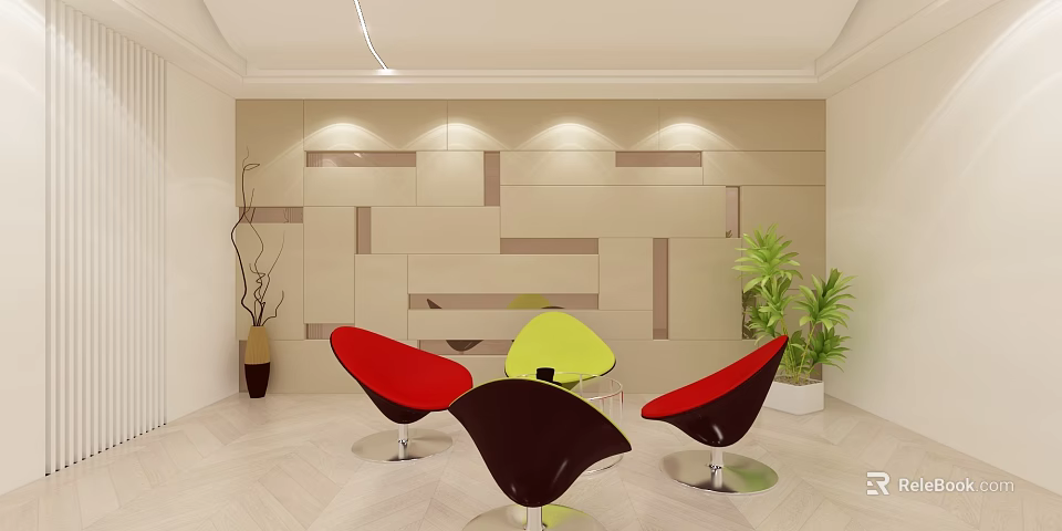 Bright Casual Lounge Area With Colorful Chairs Geometric Wall And Potted Plants 3d model 