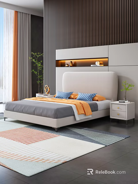 Modern Bedroom Interior Design With Upholstered Headboard Decorative Pillows Nightstands And Area Rug 3d model 