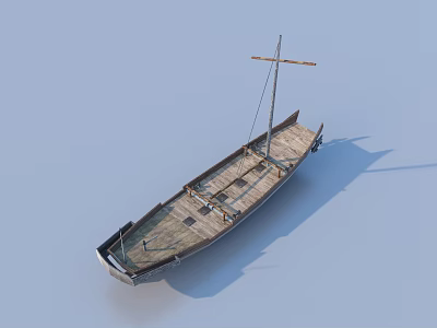 Traditional Wooden Boat With Long Hull And Single Mast On Blue Background 3d model