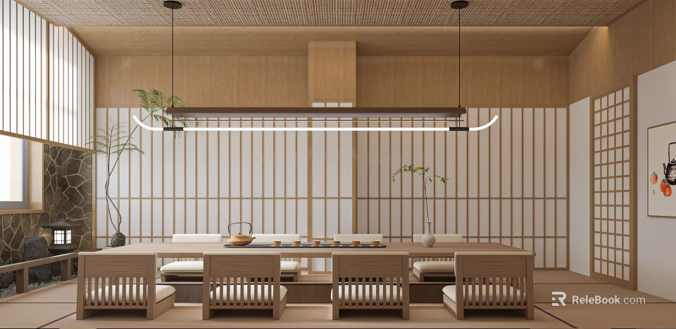 Traditional Tea Room Interior With Wooden Decor Shoji Screens And Tea Sets 3d model 