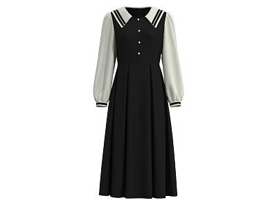 Black Long Sleeve Dress With White Striped Collar Cream Sleeves And Front Buttons 3d model